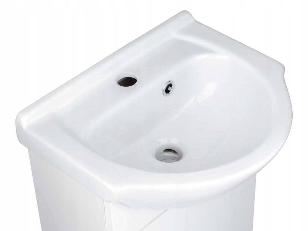 Badezimmerschrank mit einem 40 cm Waschbecken, freistehend, weiß, mit einem Siphon und einer Chromarmatur, Kredo