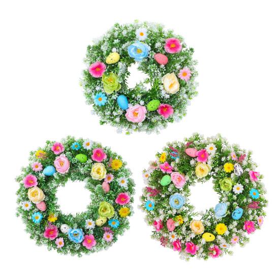 Easter Wreath for Front Door Artificial Spring Floral Wreath with Pastel Eggs for Home Indoor Outdoor