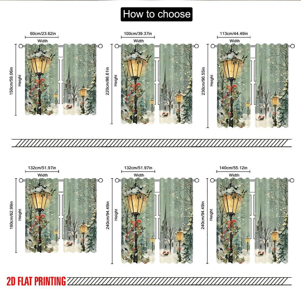 2pcs 2D flat printing Fashionable Christmas Curtains Christmas Snowy Church Street Lamp Digital Printed Polyester Drapes Festive