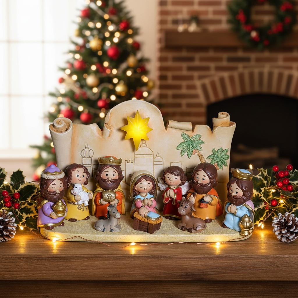 Christmas Manger Scene Figurine Set Cartoon Nativity Characters Decorative Ornament For Holiday Home Decoration And Gift Giving