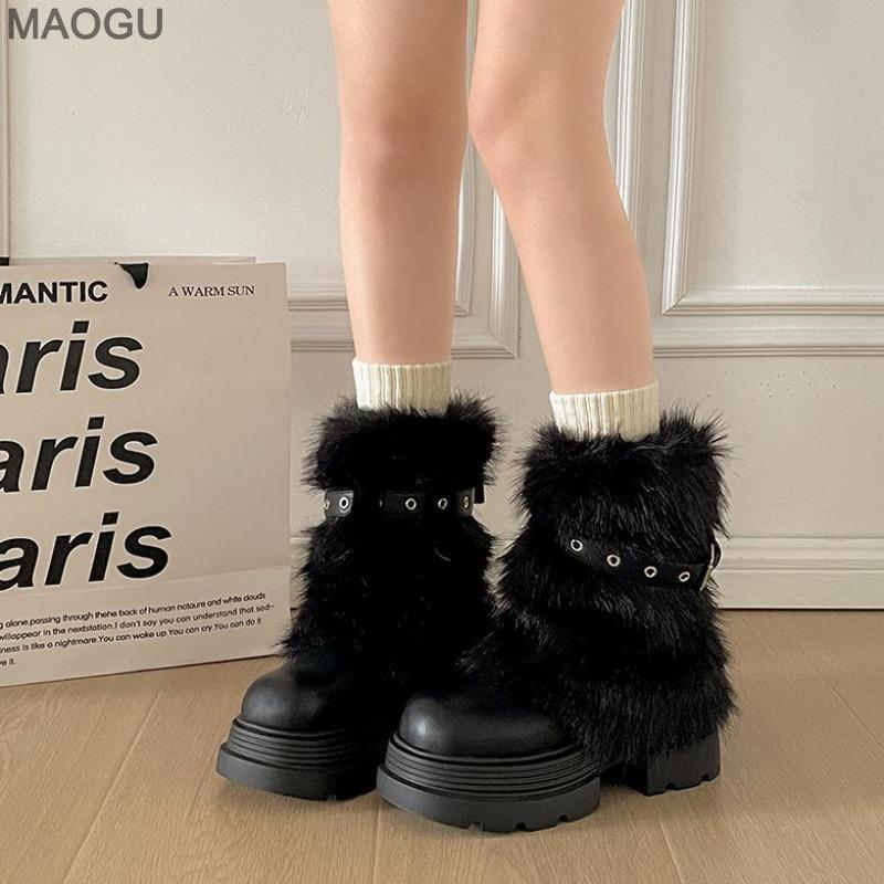 Fashion Cool Brown Fur Round Toe Ankle Boots Versatile Belt Buckle Design Stylish Winter Short Boots Bottes Femmes Size 35-40