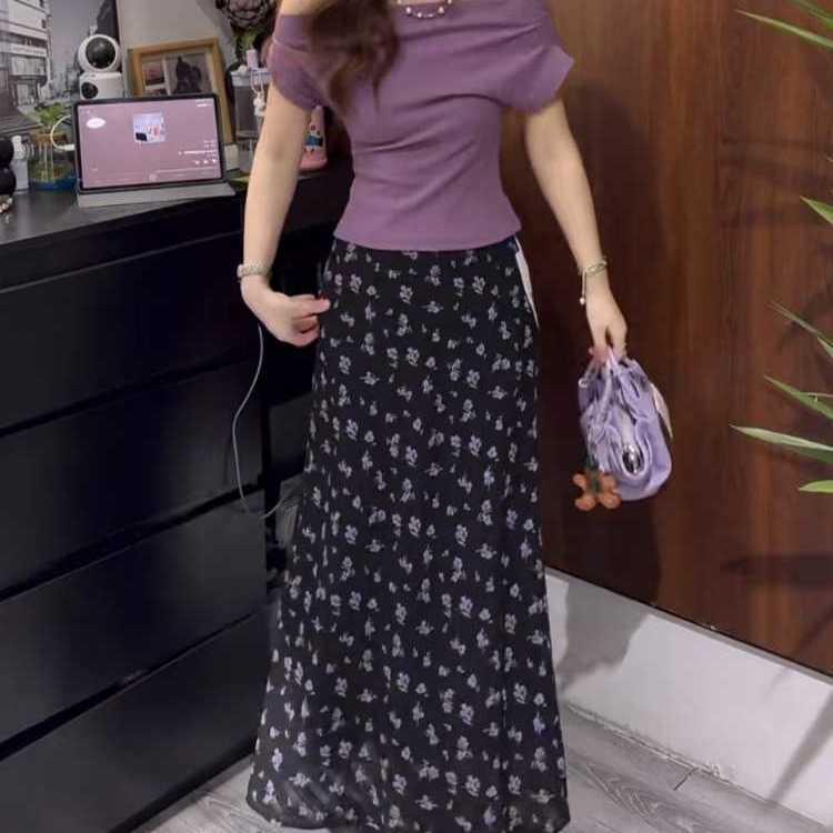 

Plus Size Chubby Girls One-Shoulder Top & Floral Skirt Set - High-End Summer Style L (Recommended 50-60 kg)