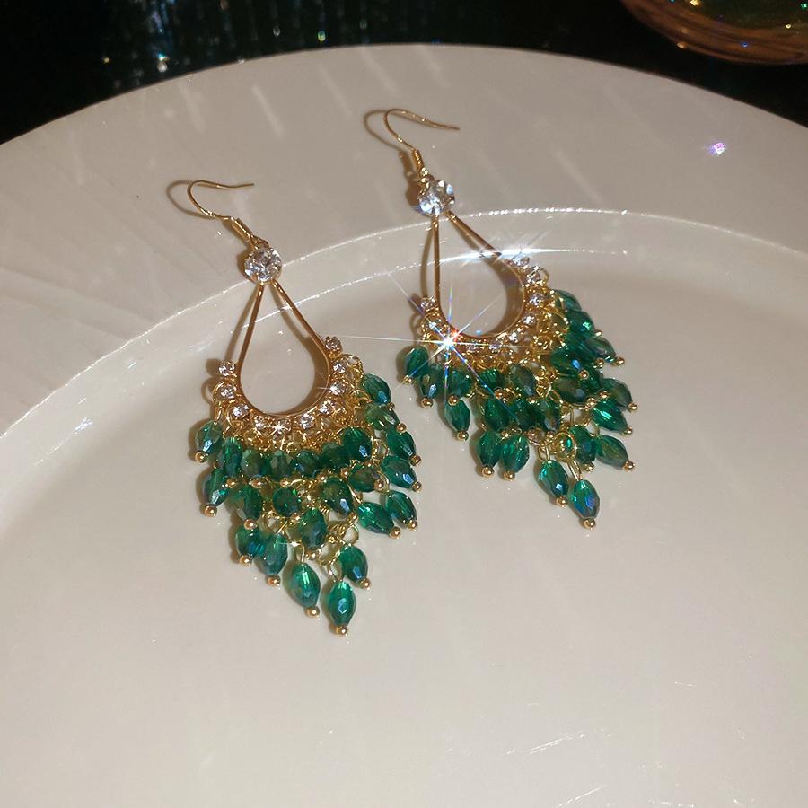 Emerald diamond leaf fringed earrings light luxury stud earrings women's European and American earrings