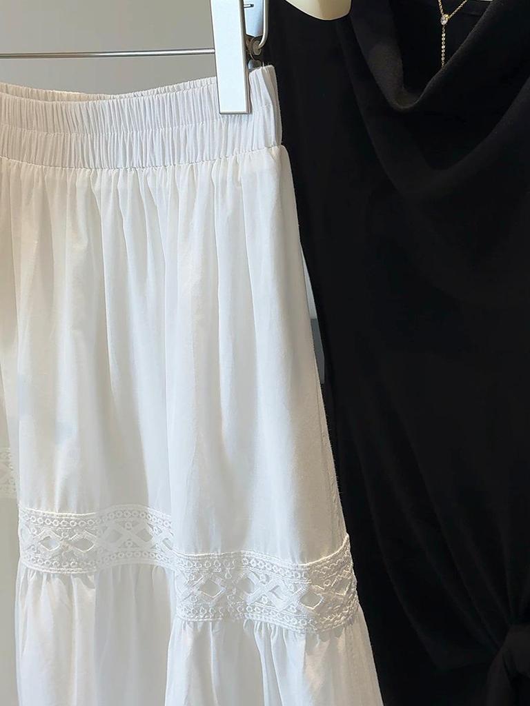 French White Embroidered Lace Mid-Length Umbrella Skirt for Women