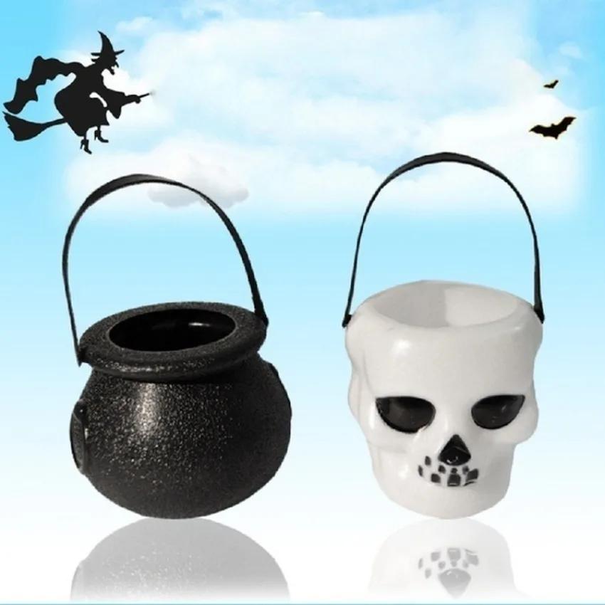 1 Pcs Black or White Plastic Candy Jar Skull Witch Candy Kettle Halloween Party Hanging Props Decor