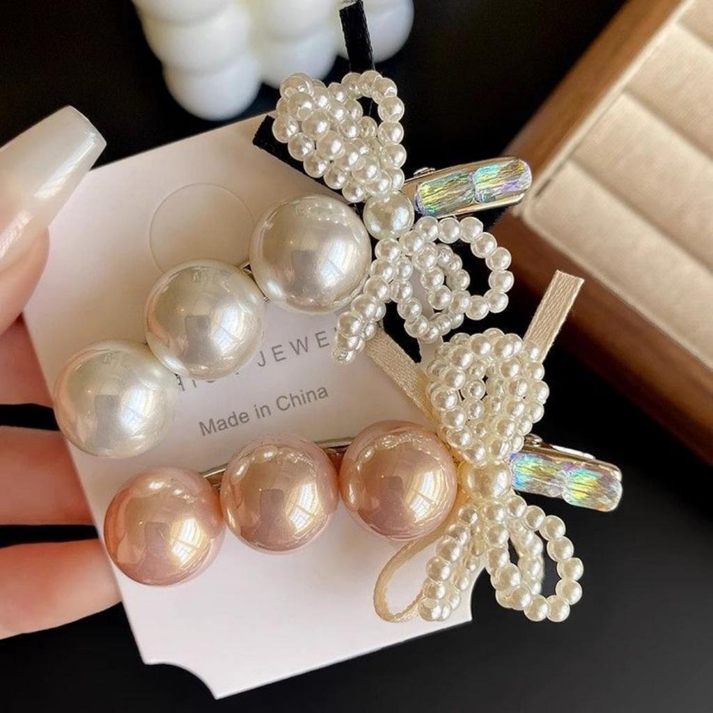 Pearl Bow Hair Clip, Duckbill Clip, Forest-Style Hair Clip for Forehead, Side Clip, Exquisite Curved Bangs Clip