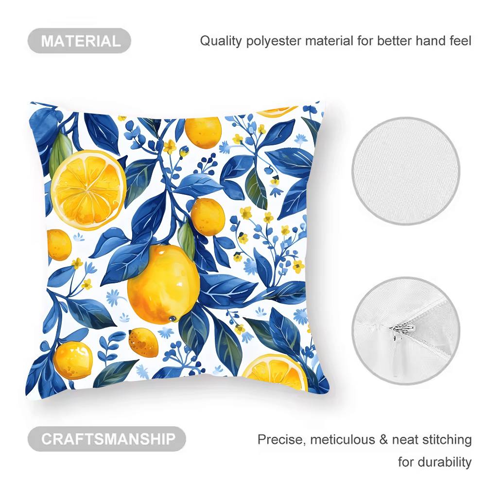 Blue - Toned Watercolor Lemon Pillow Case  Anti-dustmite Pillowcase Invisible Zipper Silky Short Plush Sofa Cushion Cover