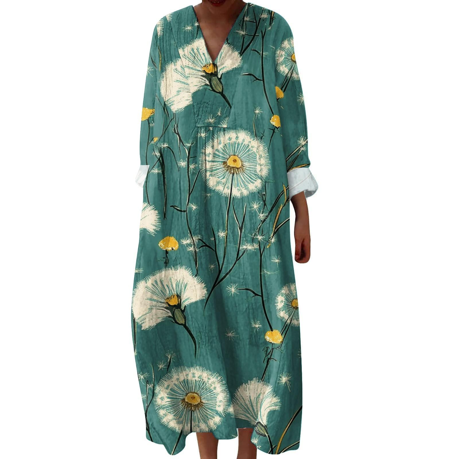 

Жіноча повсякденна та модна сукня з V-подібним вирізом та квітковим принтом, з довгим рукавом XXL Кіновар