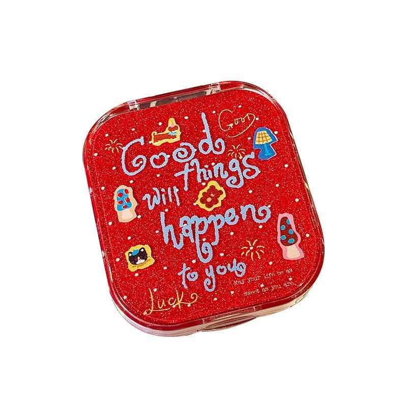 

Glittery Red Makeup Contact Lens Case New Year Atmosphere Storage Box with Mirror Carrying Case for Contact Lenses & Care красный