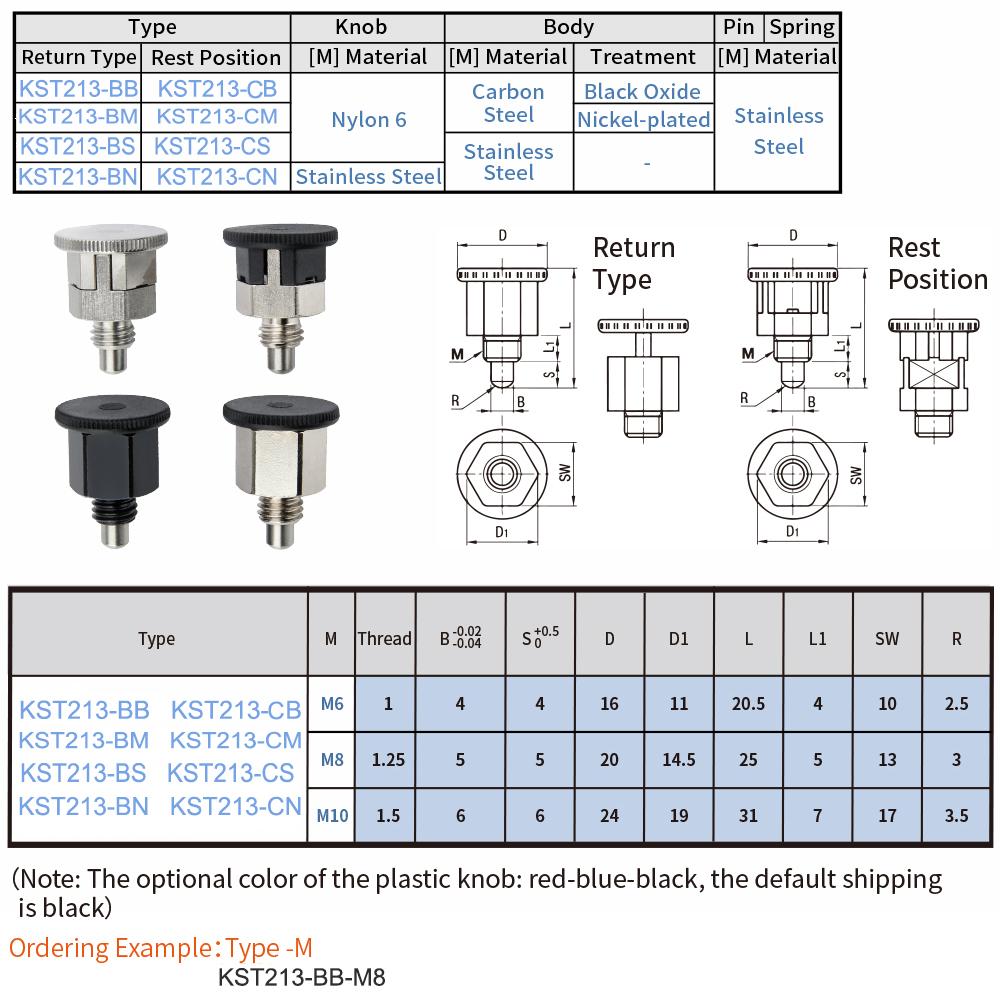 KST213 M6/8/10 Coarse Thread Carbon Steel/Stainless Steel ReturnType/Self-locking Mini Index Plunger Pins Black/Blue/Red Knob Locating Pins