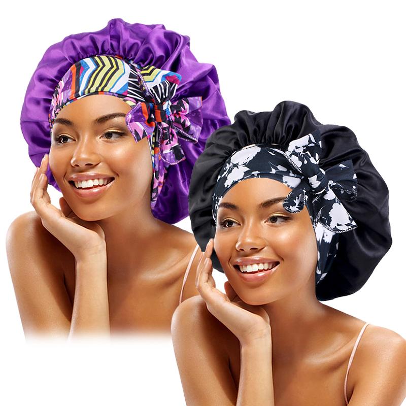 

2PCS/LOT Boho Printed Headband Satin Bonnet Lace Up Bowknot Hair Bonnet Elastic Sleeping Night Cap Shower Bath Bonnets For Women One Size