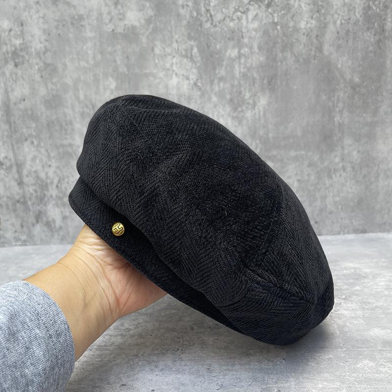 

24 Elegant Temperament White Beret Female Corduroy Fish Bone Pattern Three-Dimensional Painter Hat Versatile Adjustable чорний