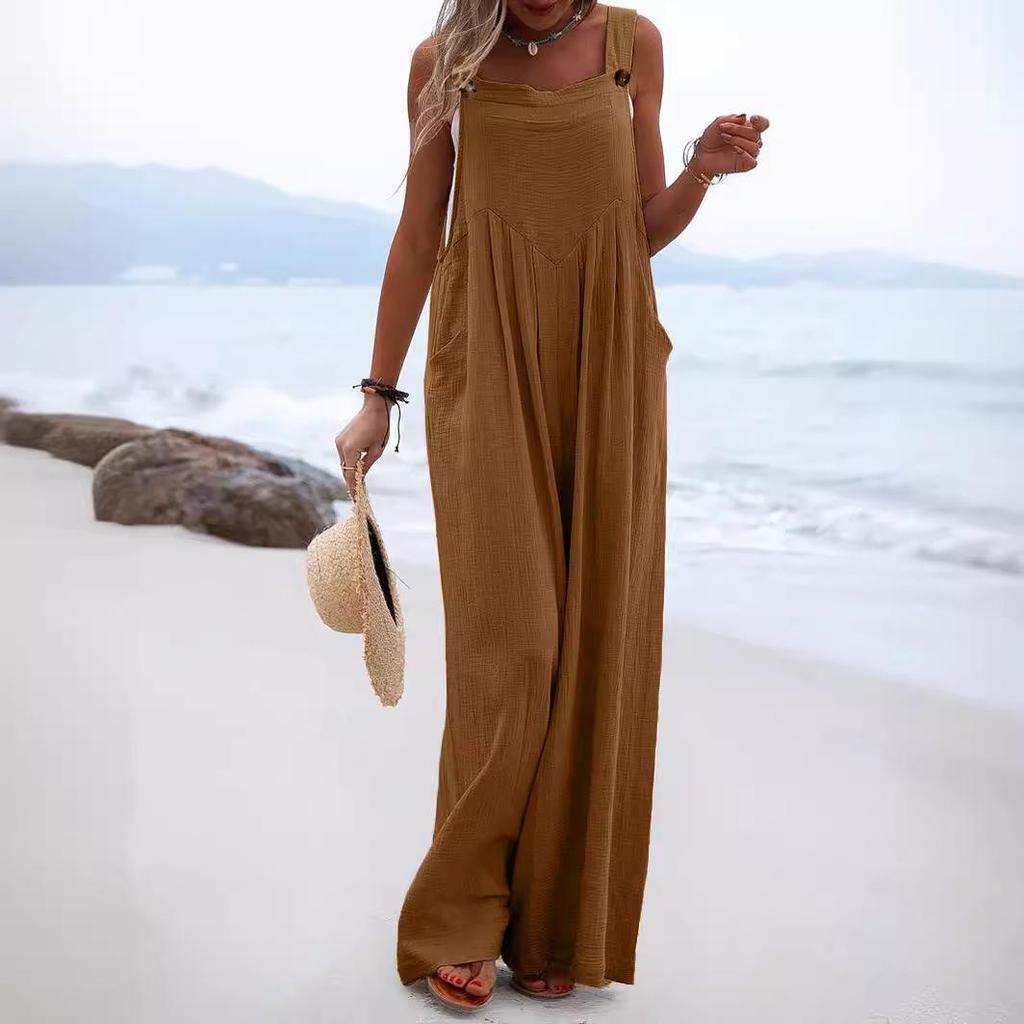 2024 Women's Ethnic Style Sleeveless Wide-Leg Button Jumpsuit
