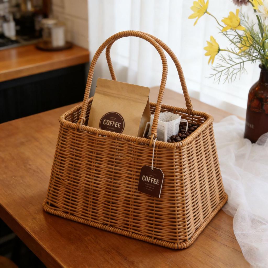 Woven Rattan Tote Basket with Handle for Grocery Shopping Picnic Gift Baskets Kitchen Bathroom Organizing Home Storage and Decor
