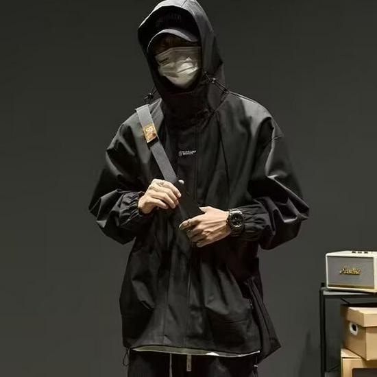 Men's Trendy Outdoor Hooded Windbreaker: Functional Loose-Fit Jacket for Spring, Autumn, Winter