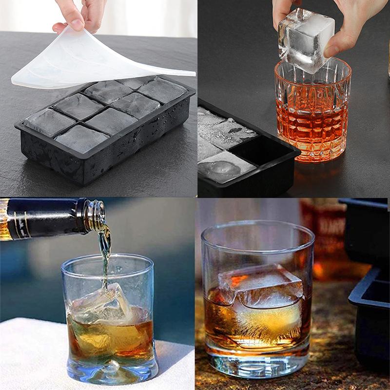 Ice Cube Tray Silicone Ice Mold Large Ice Cube Mold Square Ice Cube Maker Ice Cube Tray 4/6/8 Grid for Whiskey Cocktail Ice Mold