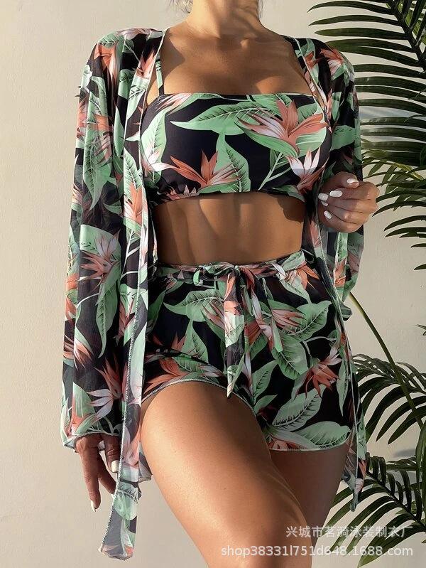New fashion bikini bikini sexy blouse long-sleeved multi-color printed four-piece women's swimsuit