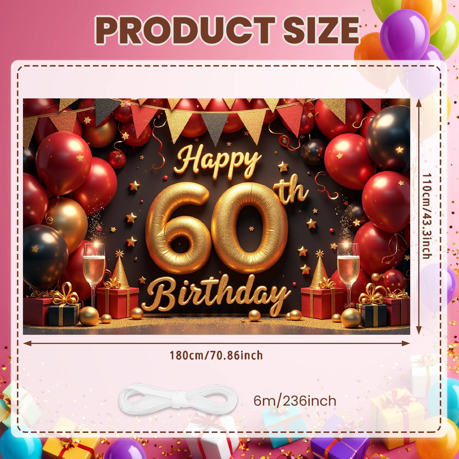 60th Birthday Backdrop Glitter Gold Finish Happy 60th Birthday Banner Birthday Photo Display Champagne Glass Elements