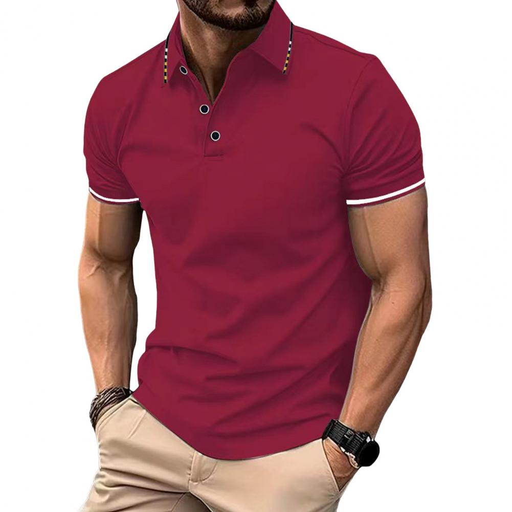 

Summer Gentlemen Top Half-opening Turn-down Collar Buttoned Short Sleeve Uniform Color Slim Fit Pullover Formal Business Style Office Practical Use M вино красного