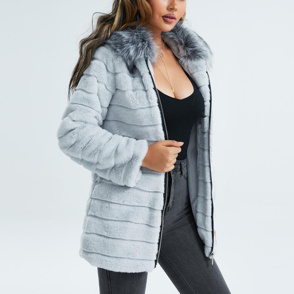 Damen Herbst und Winter einfarbige Kapuzen-Plüsch-Reißverschluss-Manteljacke