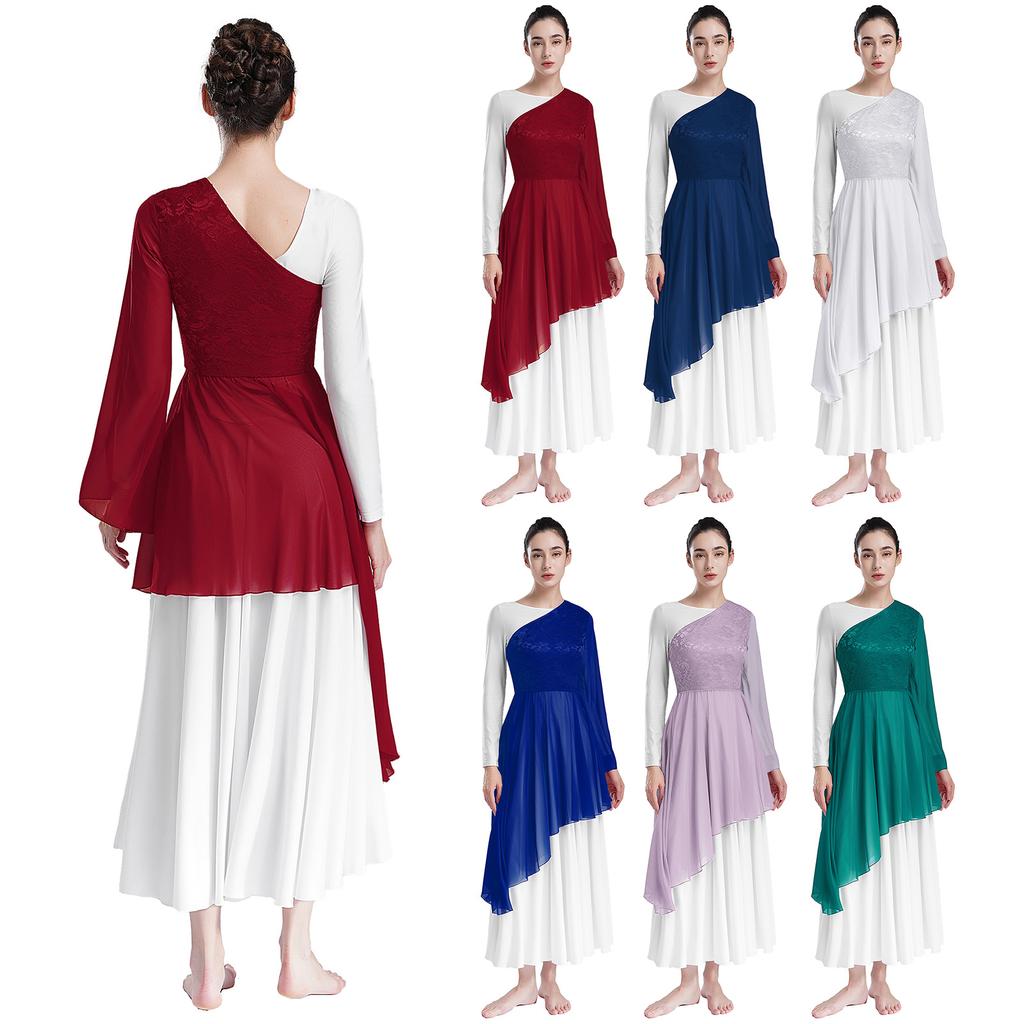 Damen Liturgischer Lobpreis Überwurf Anbetungskostüm Glockenärmel Blumenspitze Ballett Lyrisches Tanzkleid Kirchenchor Tunikakleid