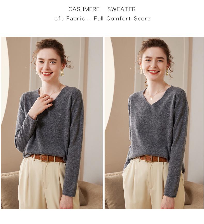 Seamless Pure Cashmere V-Neck Sweater for Women - Versatile, Loose Knit Pullover, Perfect for Autumn and Winter