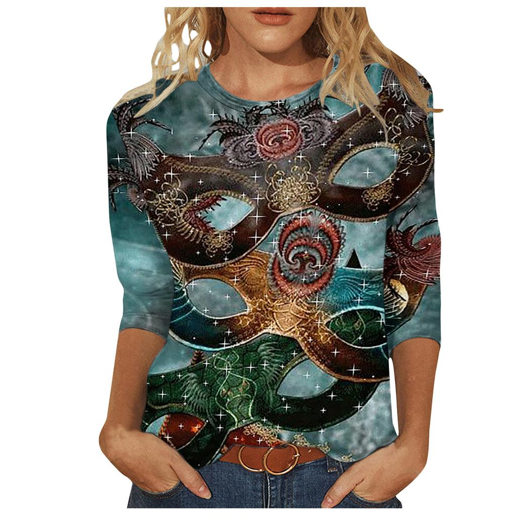 Long Sleeved Glamorous Mask Patterned Top Carnival Themed Printed Women's T-shirts