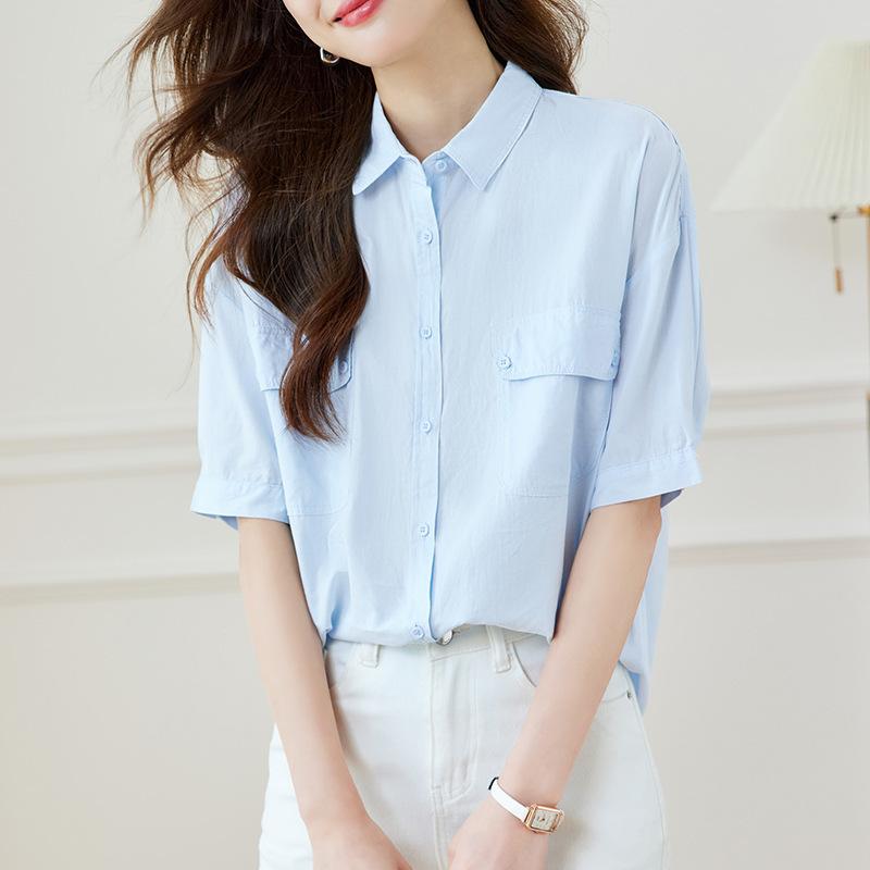 

Хлопковая рубашка с лацканами и двумя карманами с короткими рукавами Новая повседневная и универсальная рубашка на лето XXL синий