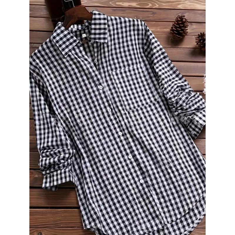 Plus Size Casual Blouse, Women's Plus Gingham Print Turn Down Collar Long Sleeve Shirt