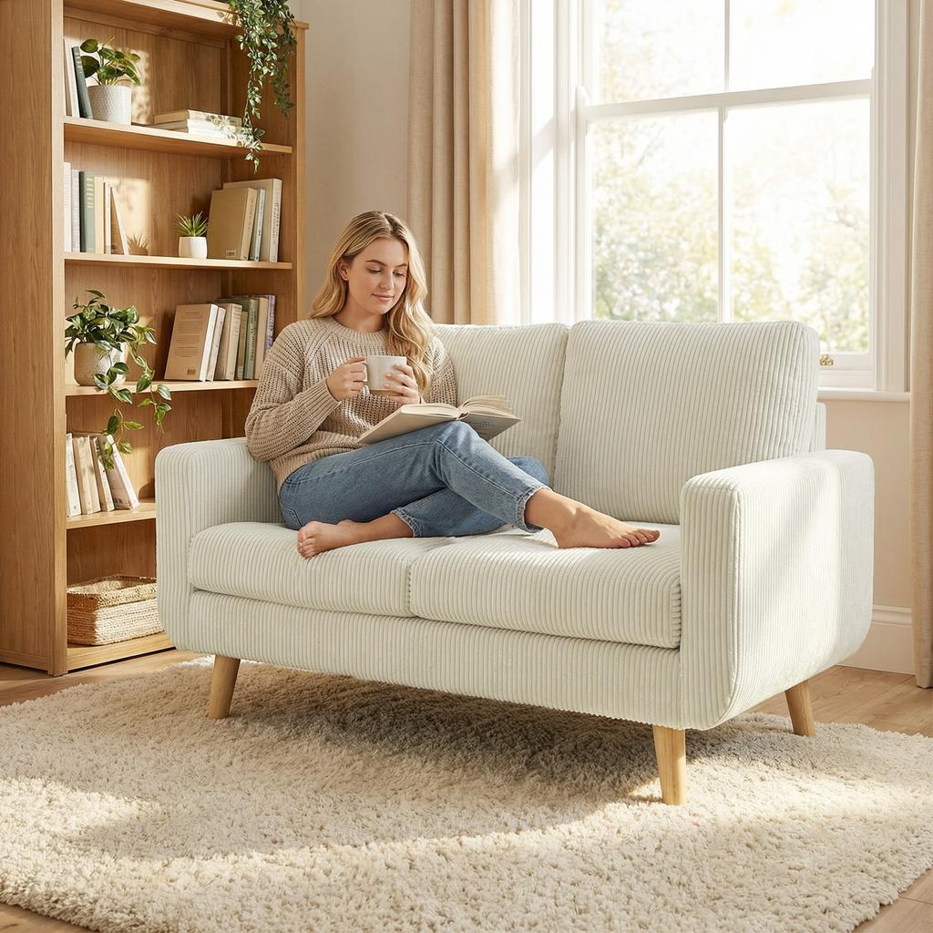 Two-Seater Corduroy Sofa, 134 cm Wide, Upholstered Seat, Spring Cushion, Cream