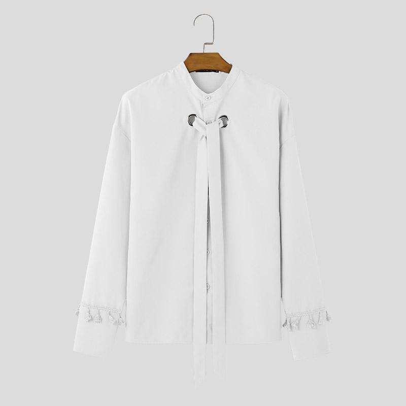 INCERUN Men Mockneck Long Sleeve Shirts Oversized Loose Hollow Out Lace Up Tops