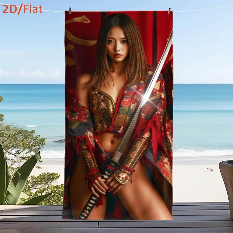 Samurai Girl Beach Towel - Japanese Warrior Art, Kimono & Sword Design, Fantasy Style, Quick Dry, Multiple Sizes