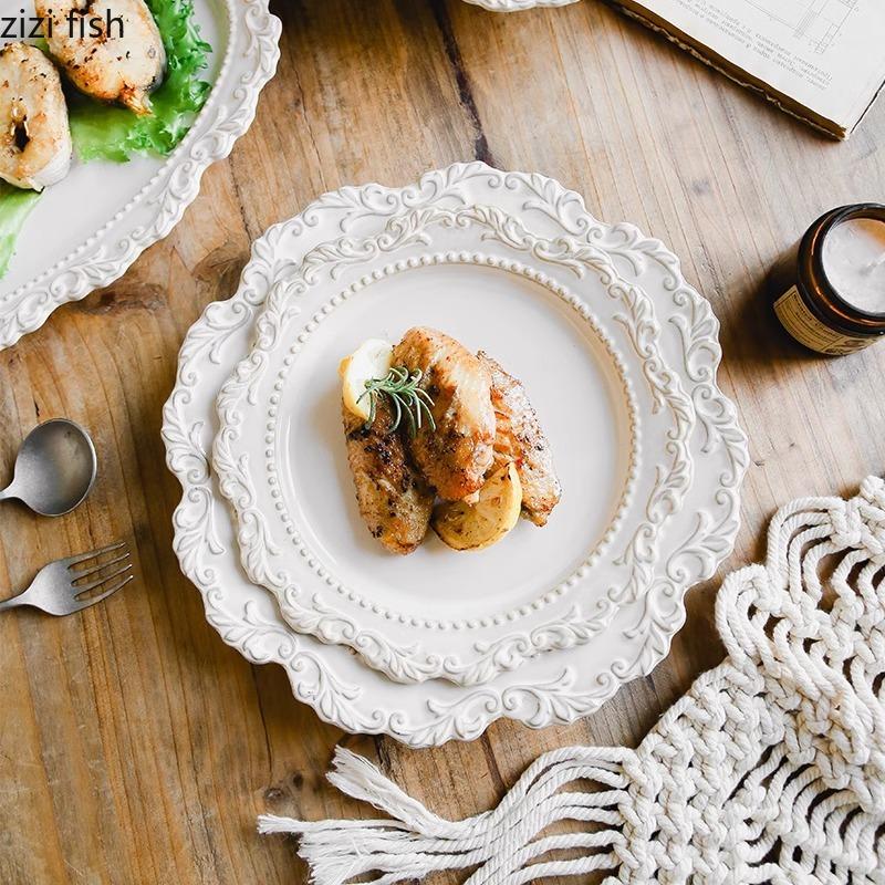 Vintage Relief Ceramic Tableware Restaurant Creative Steak Plate Dessert Dish Sushi Dish Soup Plate Snack Bowl Mug Tableware Set