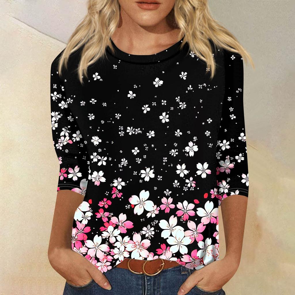 Women's Fashion Casual Seven Sleeve Printed Round Neck T-Shirt Top