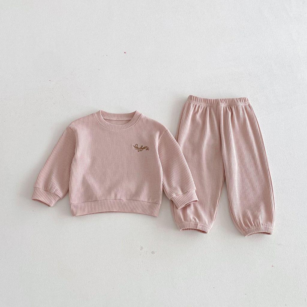 Spring Arrival: Unisex Waffle Knit Two-Piece Set for Toddlers & Kids with Letter Embroidery - Korean Style Home Wear