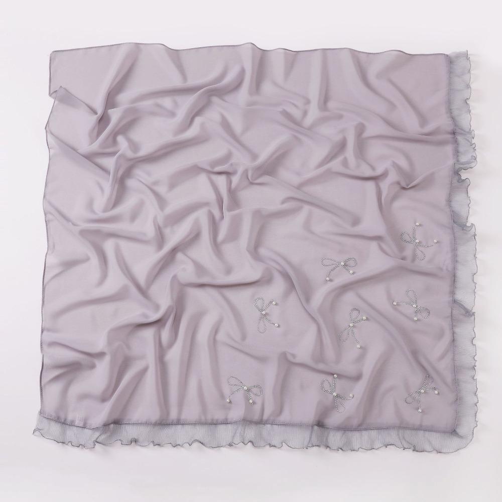 

Breathable 90×90cm Women Square Hijabs Lace Edge Pearl Bow Design Head Scarf Solid Color Silk Scarf for Women серый