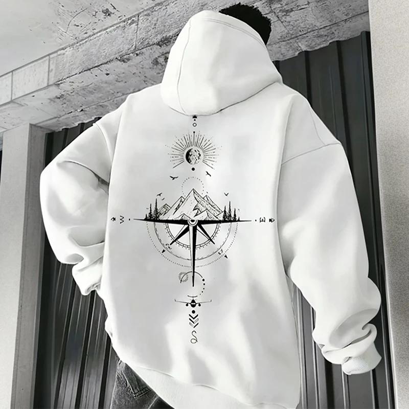 Retro compass print hoodies for men and women, high-quality pullovers, street daily casual, sports and fitness tops and clothing