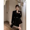Kumikumi High Sense Black Lapel Blazers Women Clothes Autumn Retro Temperament Slimming Mid-Length Top
