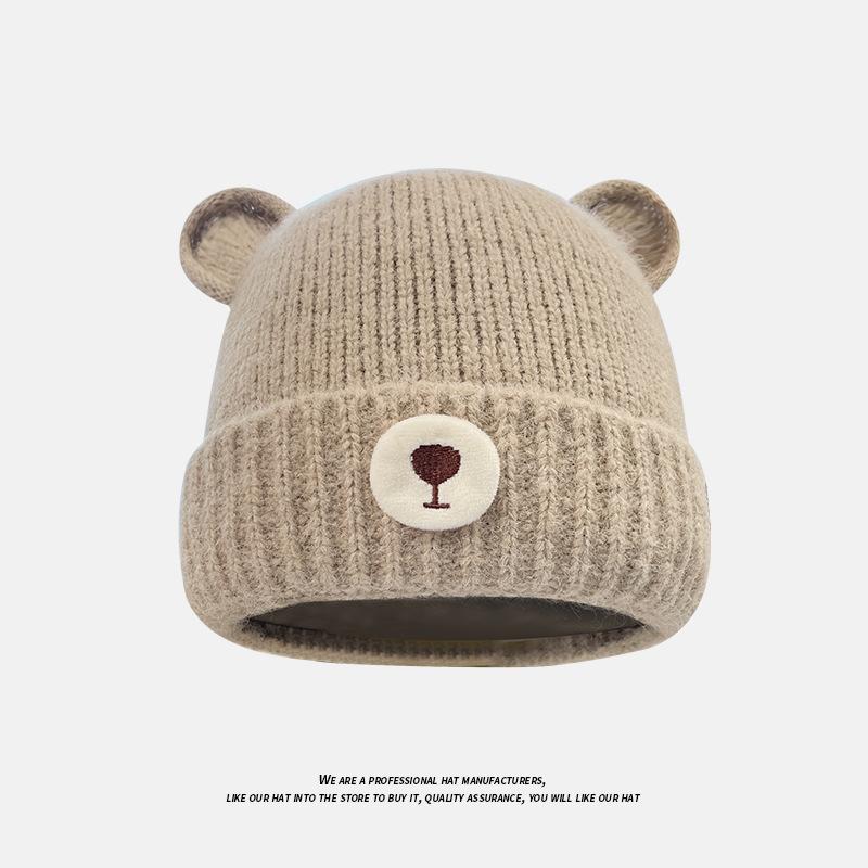 Autumn and Winter Commuting Warm Knitted Hat for Women Cute Bear Ear Protection Pullover Hat Outdoor Windproof and Coldproof Woolen Hat Trendy