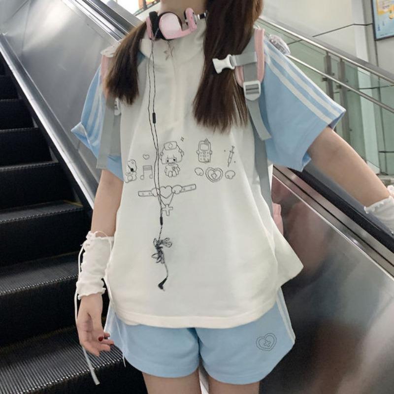 Preppy Styl 2dílné Sety Dámské Oblečení Krátký Rukáv Stojáček Patchwork Trička Ležérní Módní Šortky Oblek Korejský Letní Set