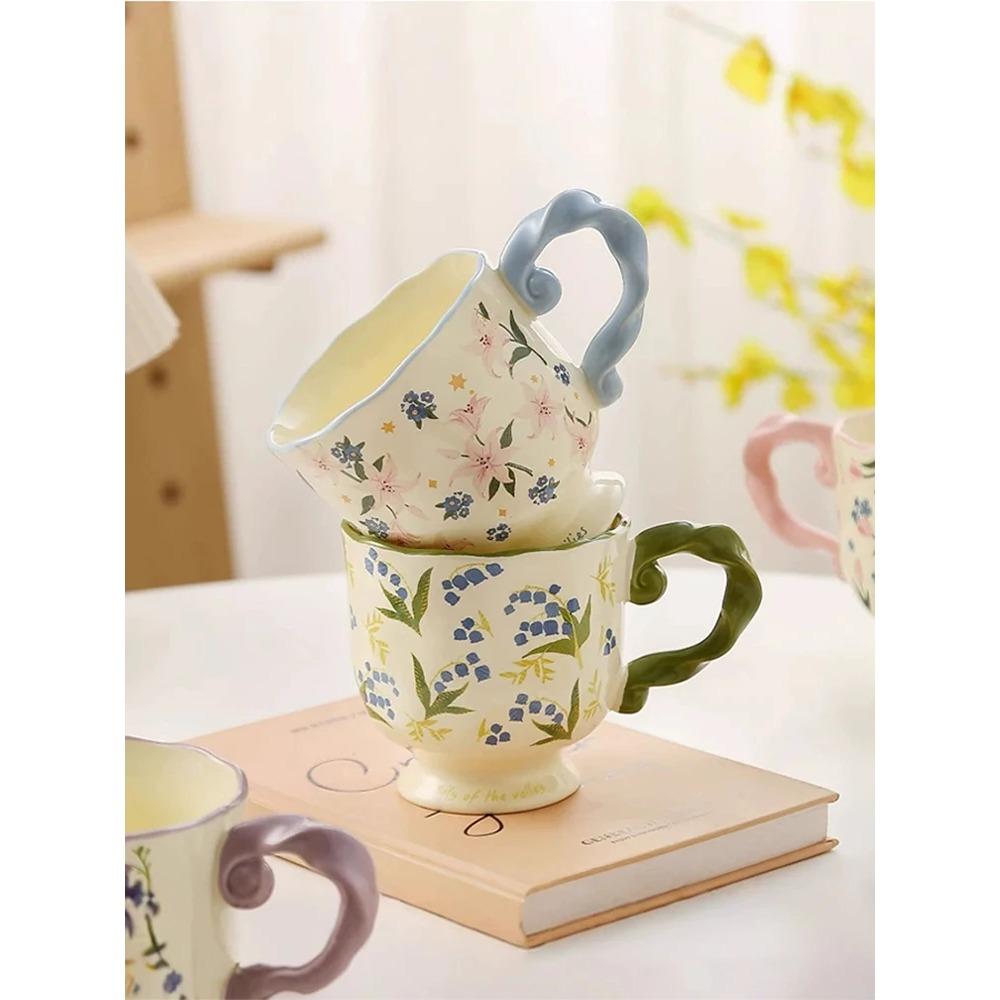 High Value Pastoral Flower Mug Tall Water Cup Girls Office Coffee Cup Personalized Internet Celebrity Ceramic Cup