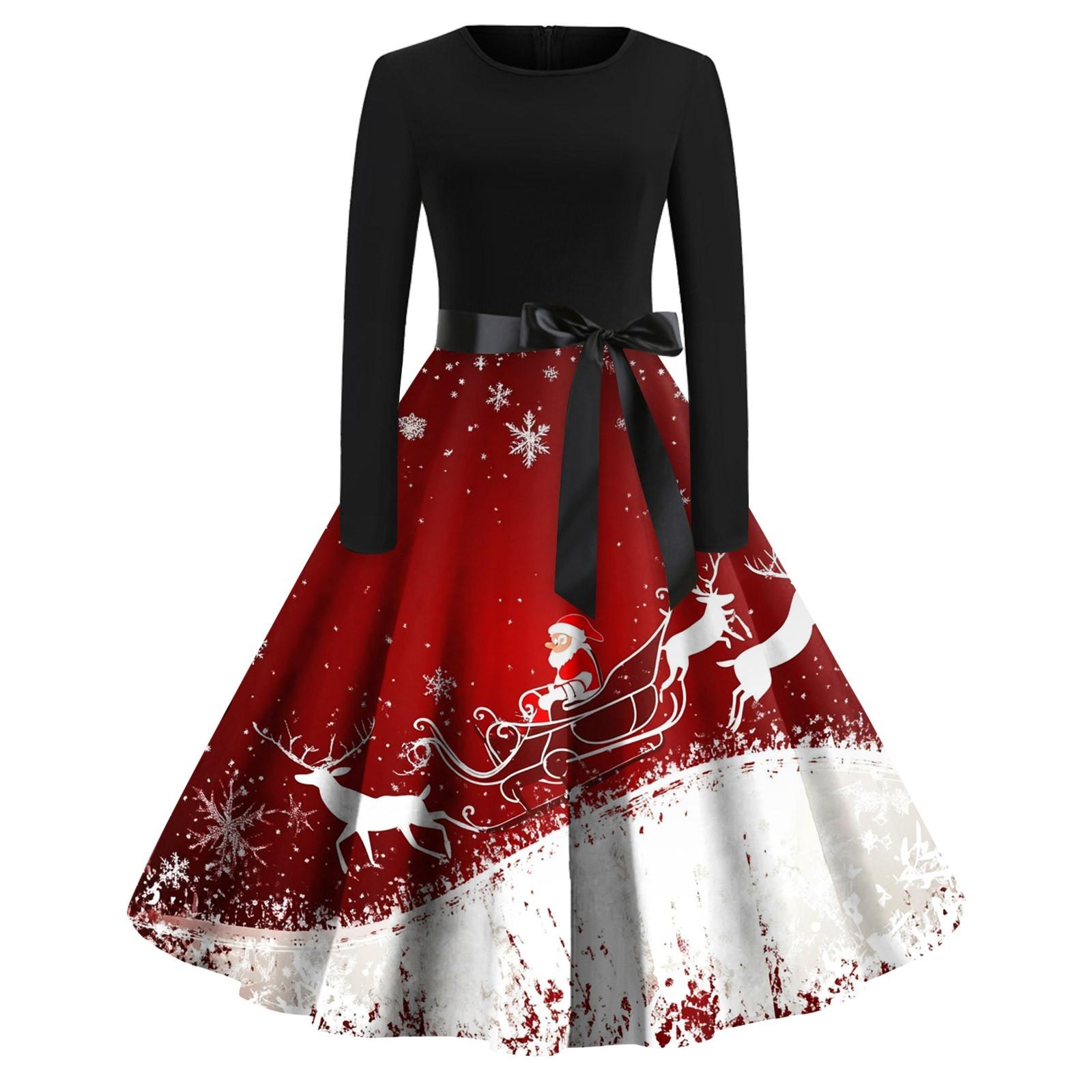 

Женское модное винтажное платье с длинным рукавом и круглым вырезом с рождественским принтом XL