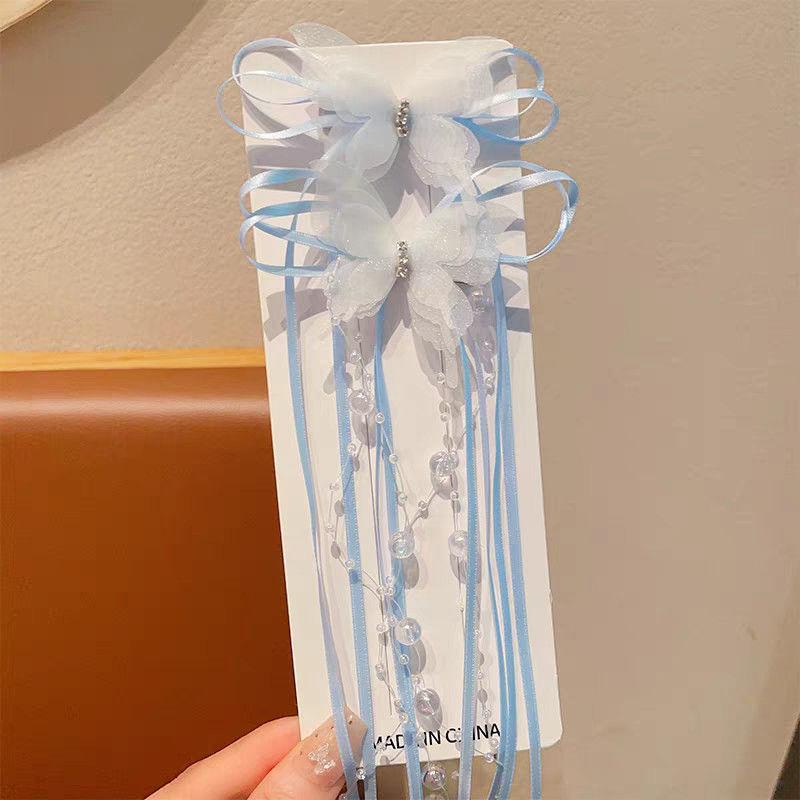 2Pcs Butterfly Tassel Baby Girl Hair Clips Sweet Long Ribbon Pearl Duck Tongue Clips Princess Sided Clips Kids Hair Accessories as the picture