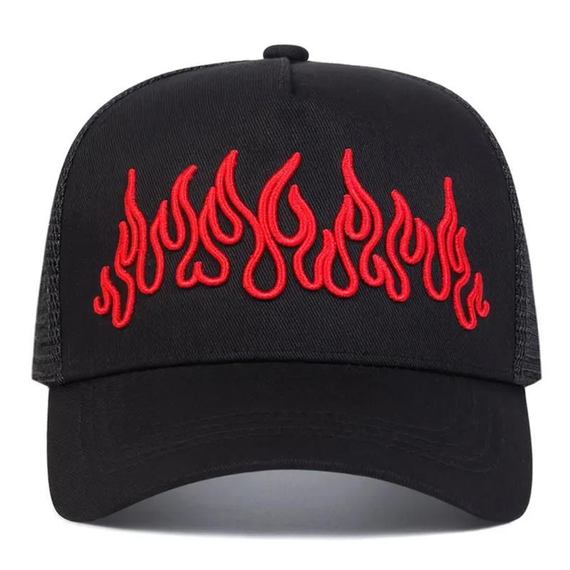 

New Fashionable Baseball Hat Flame Embroidered Hip Hop Skateboarding Hat Outdoor Daily Leisure Sunshade Hat Unisex Mesh Hat