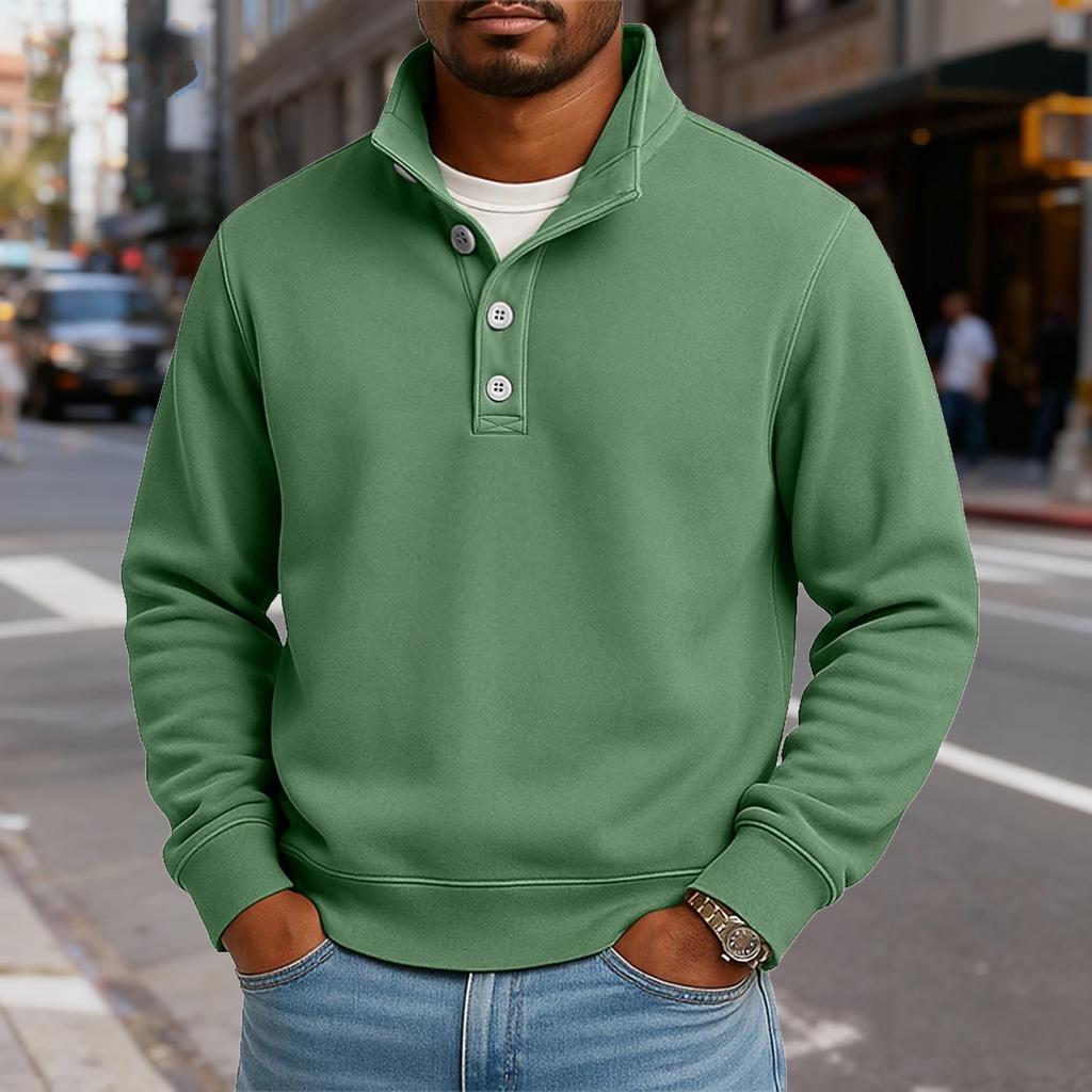 Men's Casual Stand-Up Collar Long-Sleeve Top Solid Color Button-Down Sweatshirt