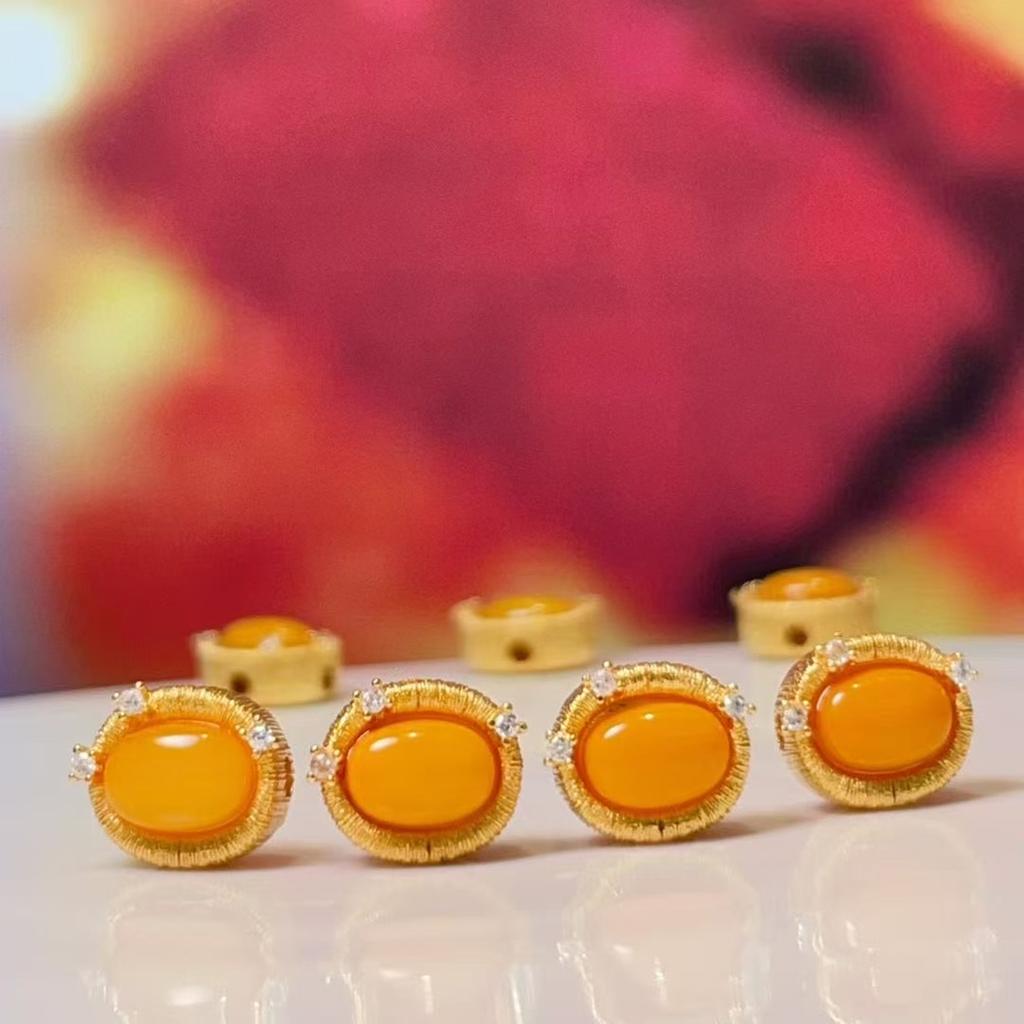5Pcs, Natural Stone Yellow Amber Beads Accented with Golden Edges, Boho Oval Beads for Jewelry Making DIY Materials, Easter Hanukkah Crafts 8.5×9.5mm