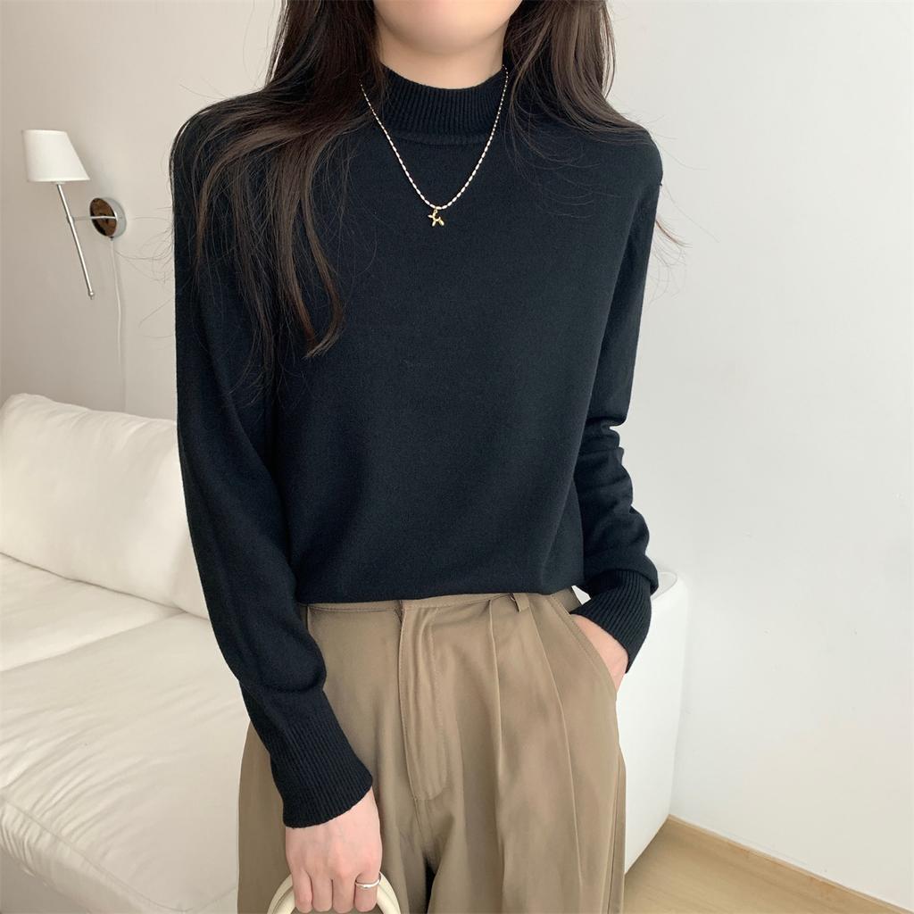 Solid Color Semi-turtleneck Knitted Bottoming Shirt Women's New Sweater Loose Andy Fleece Warm Inner Top