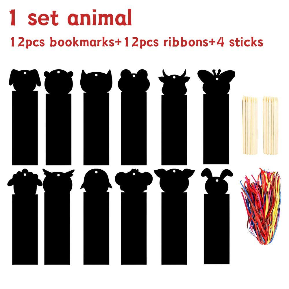 

1 set Paper Bookmark Scratch Painting Kit 12pcs Bookmarks & 12pcs Ribbons & 4 Sticks Animal/Dinosaur Shape DIY Gift YMY
