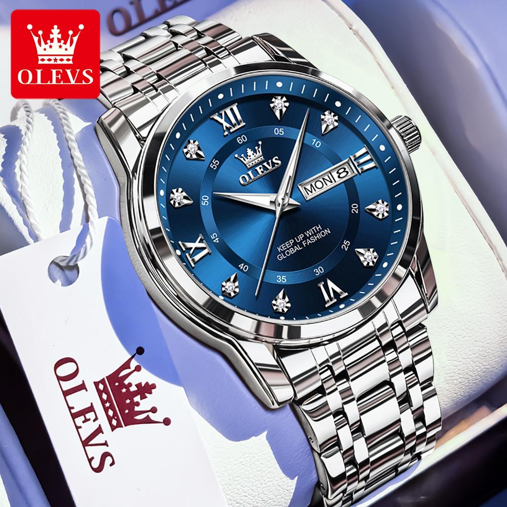 OLEVS 5513 Men's Quartz Watches Stainless Steel Strap Diamond Scale Dual Calendar Waterproof Luminous Men's Business Wristwatch