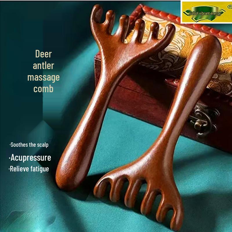 Sandalwood Dragon & Phoenix Six-Claw Massage Comb with Deer Antler Scalp Scratcher for Neck.